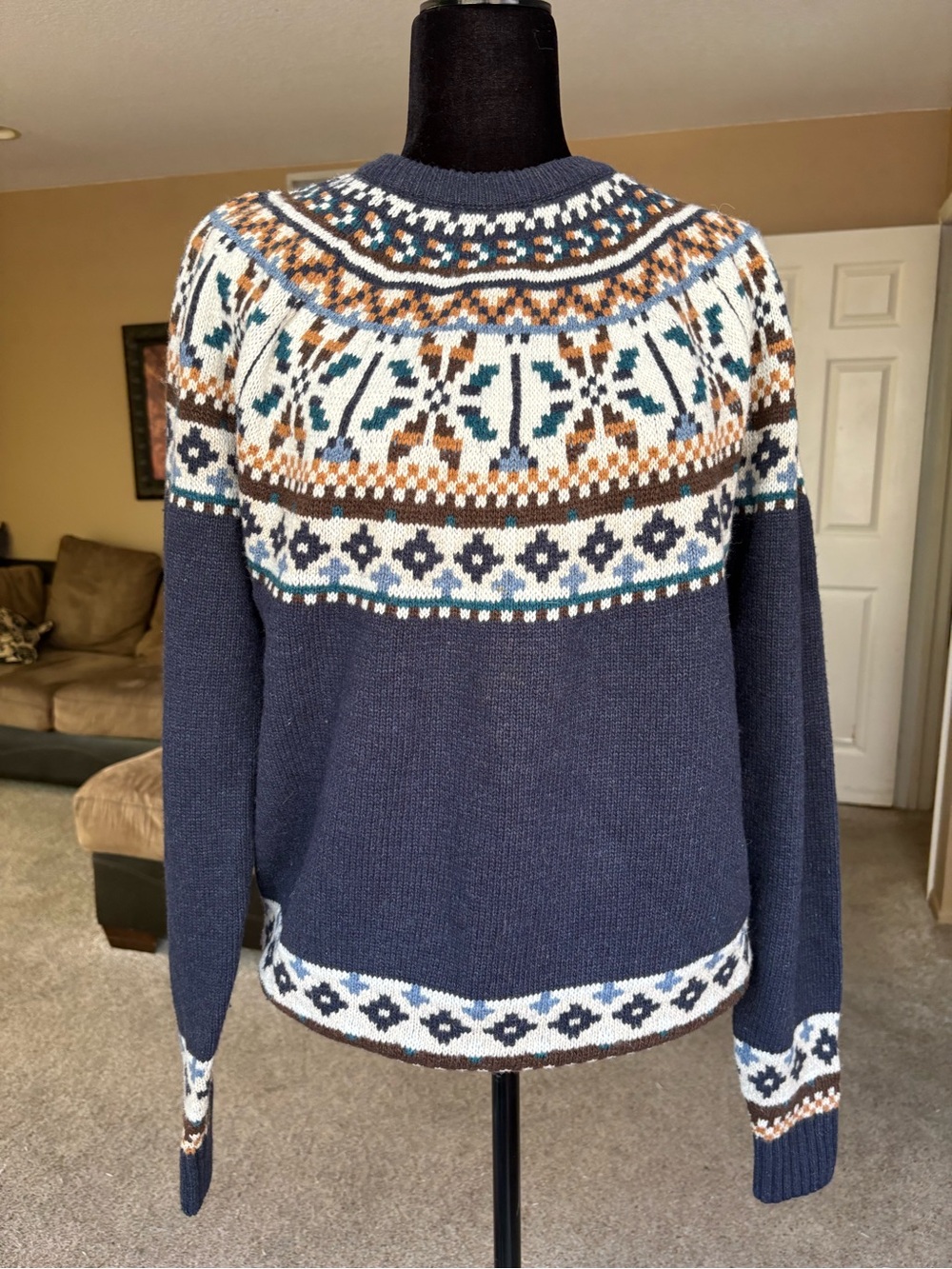 Bellfield Navy Fair Isle Crewneck Sweater with Multicolor Yoke